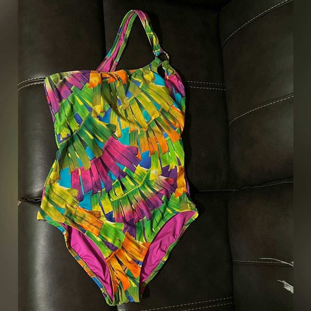 Sz 10 Trina Turk Polynesian Palms One Piece One Shoulder Swimsuit